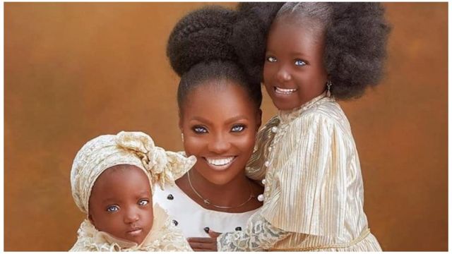 Risikat Azeez a young woman and her two kids were spotted with blue eyes