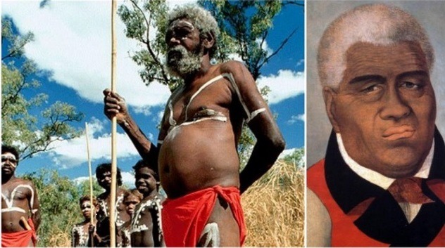 Left: Australia's Aborogones; Right: Kamehamela, black founder of the Kingdom of Hawaii two centuries ago.

